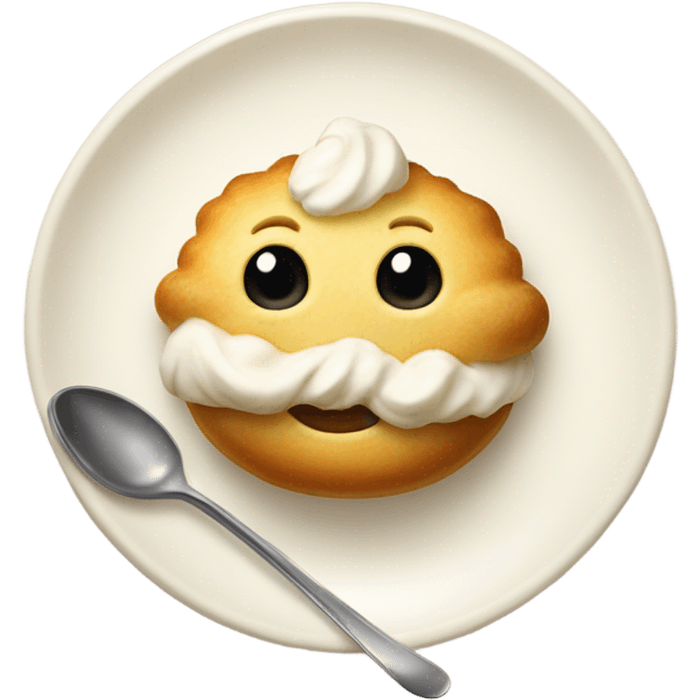 Cream vanilla puff at plate and spoon emoji