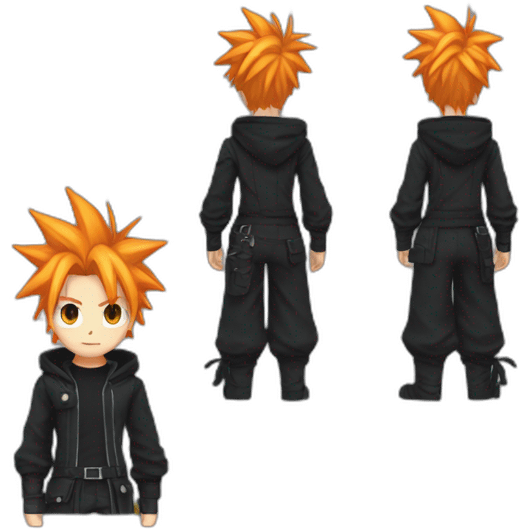 cloud strife with orange hair. Black clothes full body  emoji