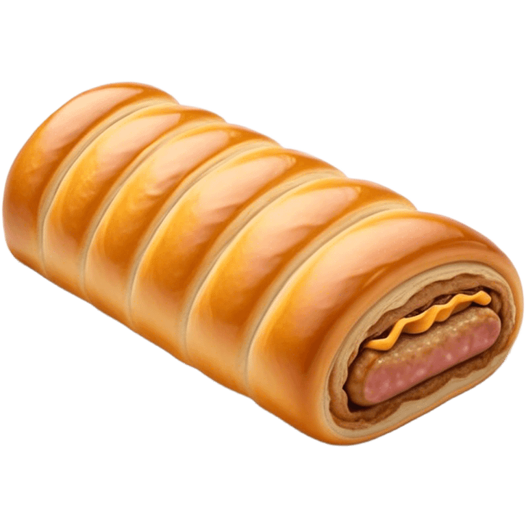 Cinematic Realistic Sausage Roll Dish Emoji, depicted with a crisp, golden pastry wrapped around flavorful sausage, rendered with detailed textures and appetizing lighting. emoji