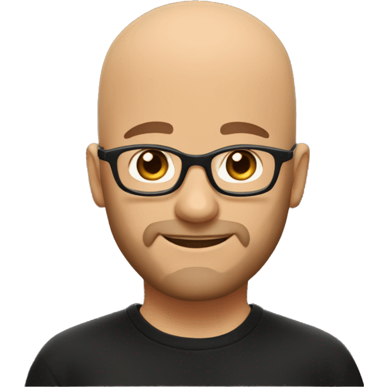 Bald man with round glasses, short beard, oval face, wearing a black t-shirt, with warm brown eyes, and smiling warmly emoji