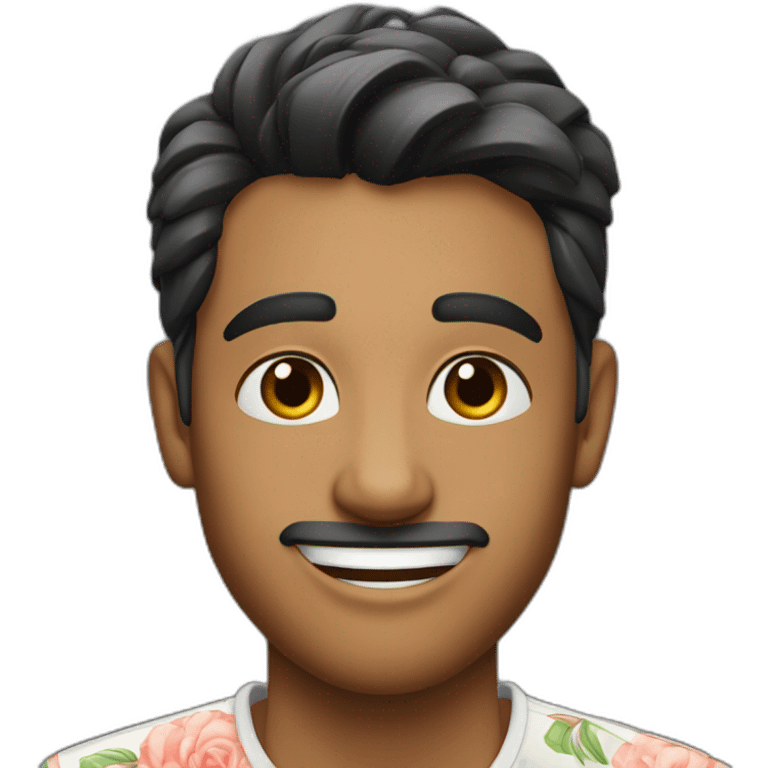 Indian 23 year old male with fair complexion with full b,sharp nose, white floral shirt, winking  emoji