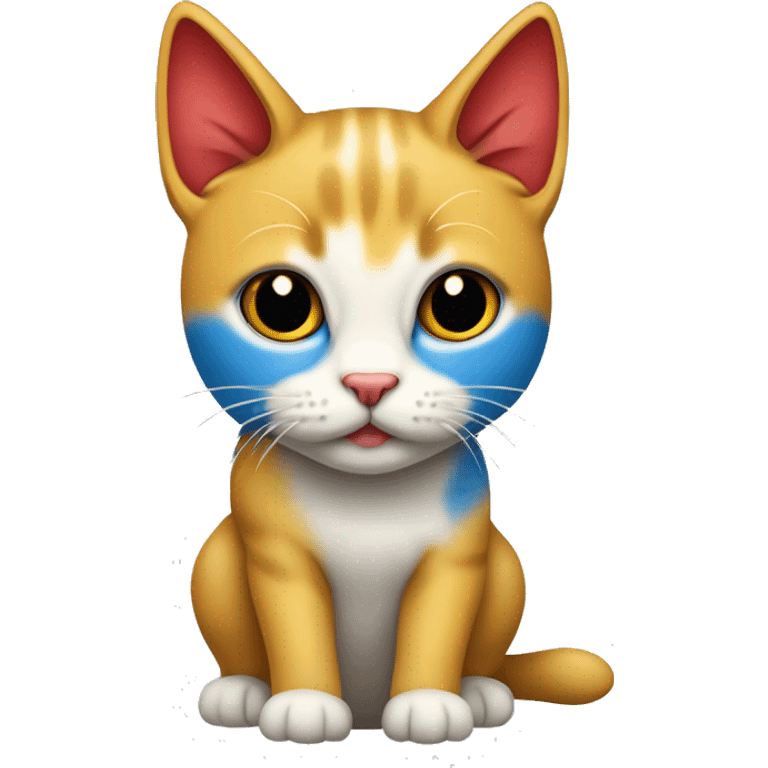 Gato color amarillo azul y rojo gato sentado, mascota gato emoji