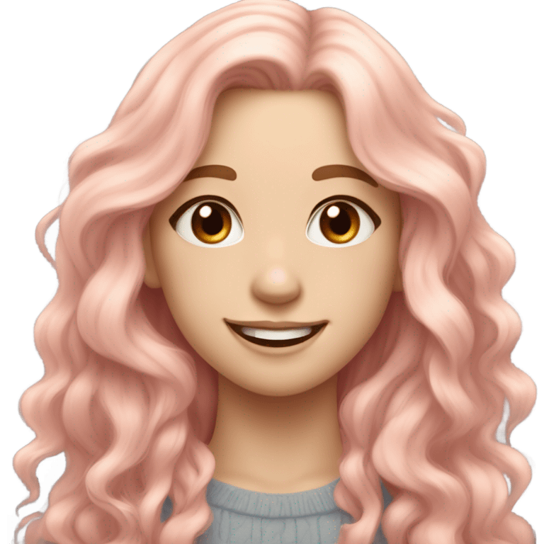 Pretty girl with long wavy peachy pastel pink hair, pale skin, brown doe eyes, light makeup, smiling gently, beautiful emoji