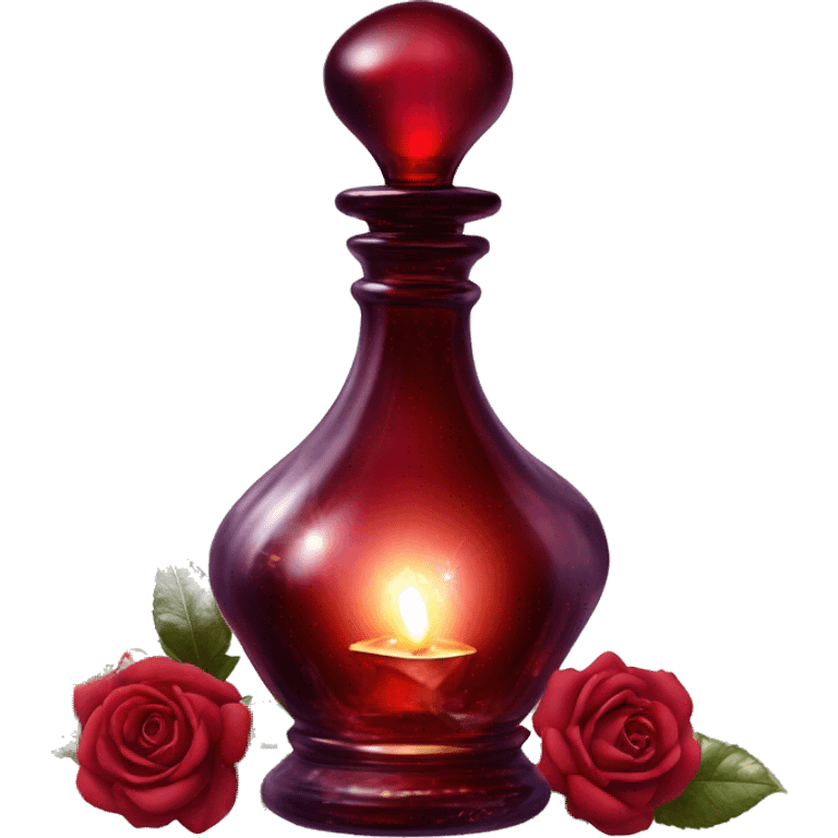 Dark red magic fairy light sparkling old Antique oil perfume bottle with herbal and rose flowers emoji