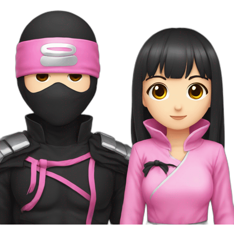 cute anime girl with pink ninja clothing along side a man ninja with black clothing and holding hands emoji