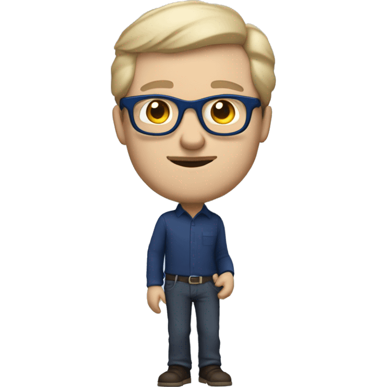 caucasian white man with dark hair, blue glasses, and carrying design plan because he is an architect and a pencil and a set model maquette. wearing a navy blue long sleeve shirt. smart.  emoji