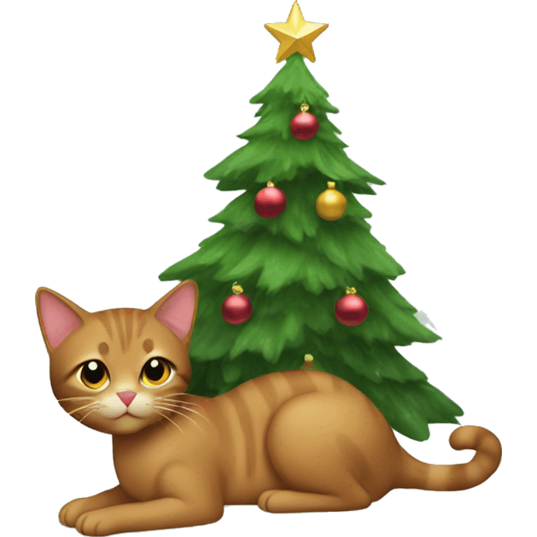 Brown cat under Christmas tree emoji