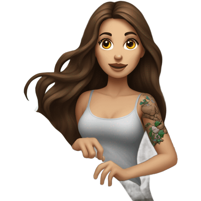 Beautiful tattooed woman long brown hair climbing rocks emoji