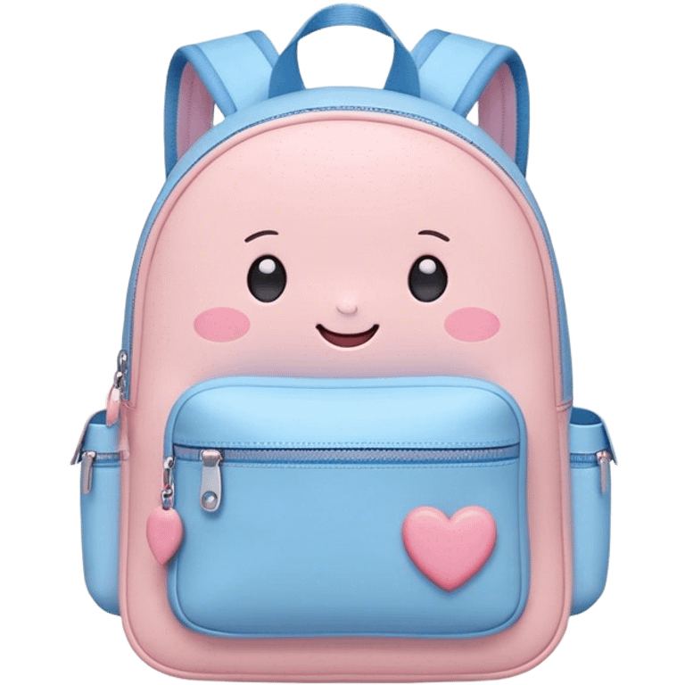 Cute Kawaii Backpack, round and chubby, soft pastel pink and blue, tiny heart-shaped zippers, blushing cheeks, a tiny smiling face, a happy school-time companion! emoji