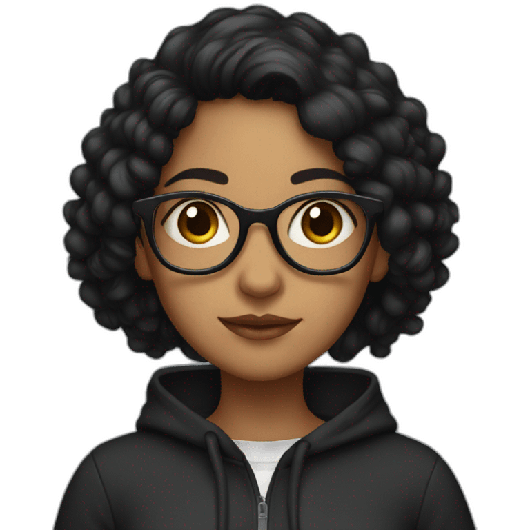 indian girl with glasses with black curly hair wearing a black hoodie emoji