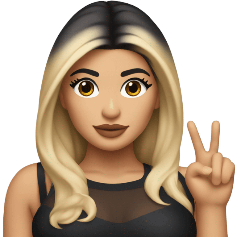 Emoji of Kylie Jenner with blonde hair in a black mini dress with bra, confidently pointing forward with a stylish, influencer vibe pointing forward emoji