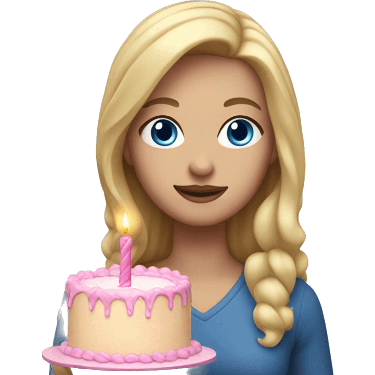 Woman with long blonde hair and blue eyes holding a pink birthday cake  emoji