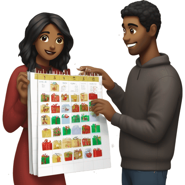 brown girl with black hair giving her boyfriend a advent calendar for christmas emoji