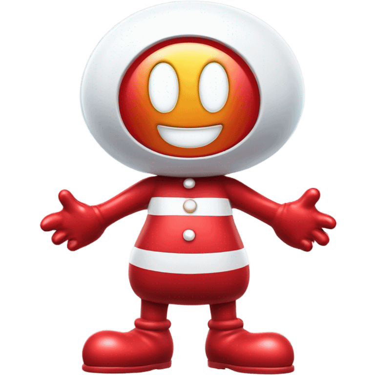 Very shiny full body character with pill capsule head with retro antennae and jetsons aesthetic  puffy body and welcoming waving Mickey Mouse arms braun Japanese inspired Anpanman with big boots and antennae red and white colors only emoji