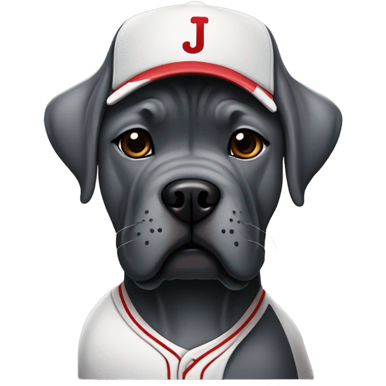 Grey Cane Corso in a baseball uniform with a monogrammed J. emoji