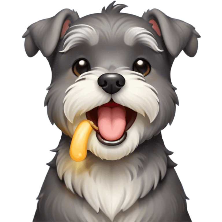 Cinematic Cute Yawning Miniature Schnauzer Portrait Emoji, Head cocked with a wide, adorable yawn and droopy, charming eyes, featuring a neatly trimmed, lovable salt-and-pepper fur, simplified yet irresistibly cute, highly detailed, glowing with a warm, relaxed radiance, high shine, exuding a sleepy yet spirited charm, styled with a soft, cozy glowing outline, capturing the essence of a Miniature Schnauzer mid-yawn, radiating pure, drowsy cuteness! emoji