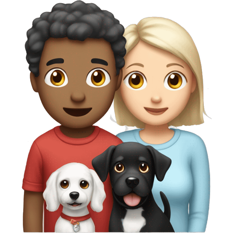 can you show me a cartoon drawing of a family with 1 teen boy and 1 teen girl 1 small white dog and 1 small black dog for a christmas card emoji