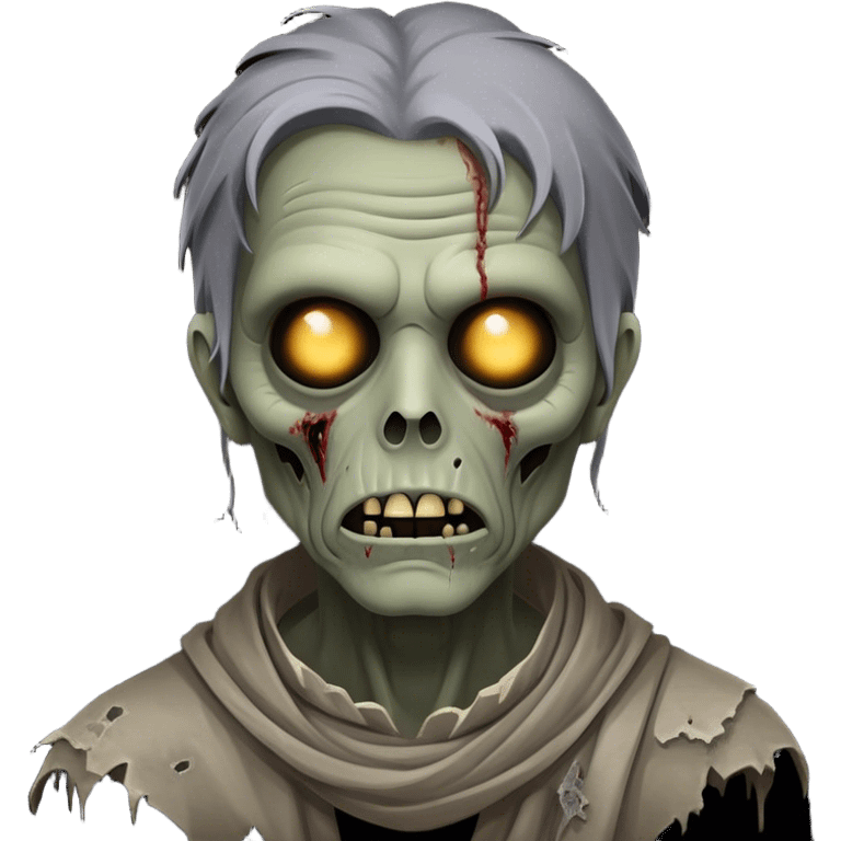 Cinematic Noble Zombie Portrait Emoji, Surprisingly dignified and somber, with a decaying yet strangely regal visage in ashen grays and muted tones, draped in tattered attire hinting at a lost grandeur, simplified yet meticulously detailed, glowing with a soft, eerie radiance and a gentle outline that evokes the tragic nobility of the undead! emoji