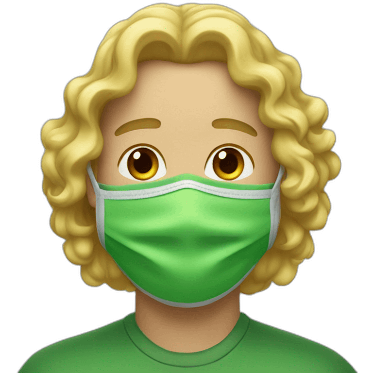 A man with a long and blonde curly hair warning a green mask emoji