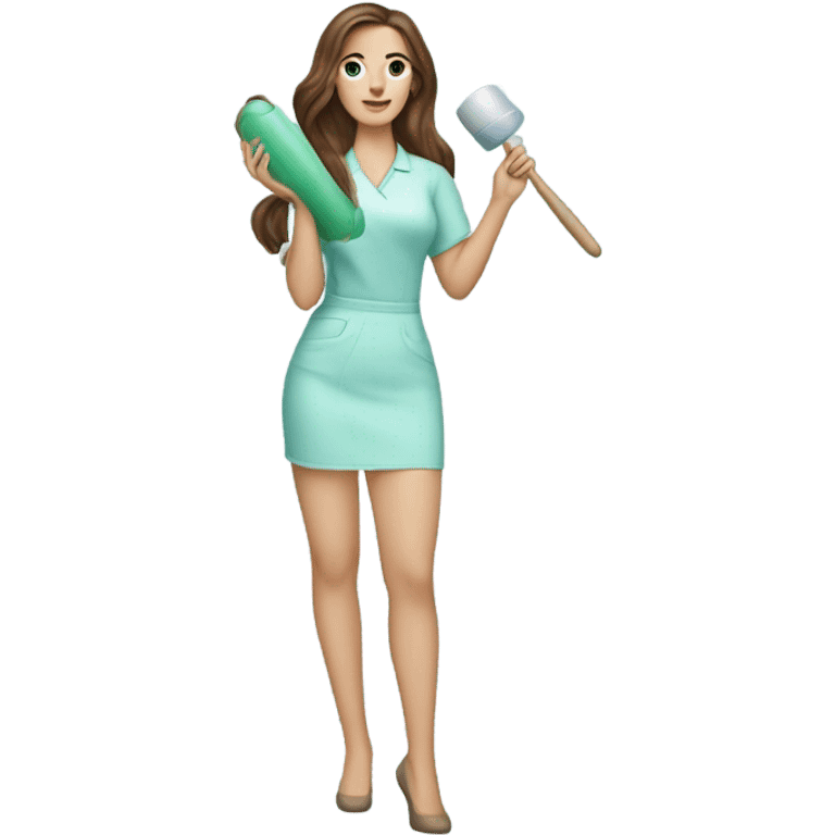 Brown haired esthetician with hair down wearing light blue holding jade roller emoji