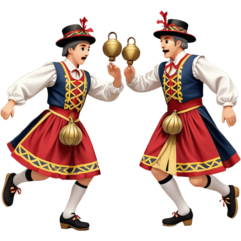 Cinematic Realistic scene of two performers executing a Morris Dance in full traditional costume—with bells, ribbons, and clogs—captured in dynamic motion against a rustic English backdrop and warm, golden lighting emoji