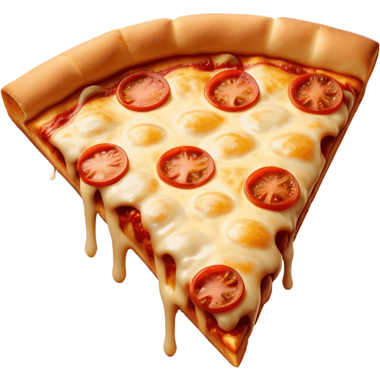 Cinematic cheesy pizza slice, gooey melted cheese stretching as a bite is taken, crispy golden crust, rich tomato sauce, vibrant toppings, warm glowing background, inviting and delicious. emoji