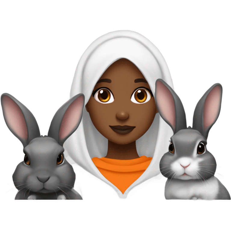 Black Muslim girl and her 3 cute orange, gray, and mix colored holland lop bunnies emoji