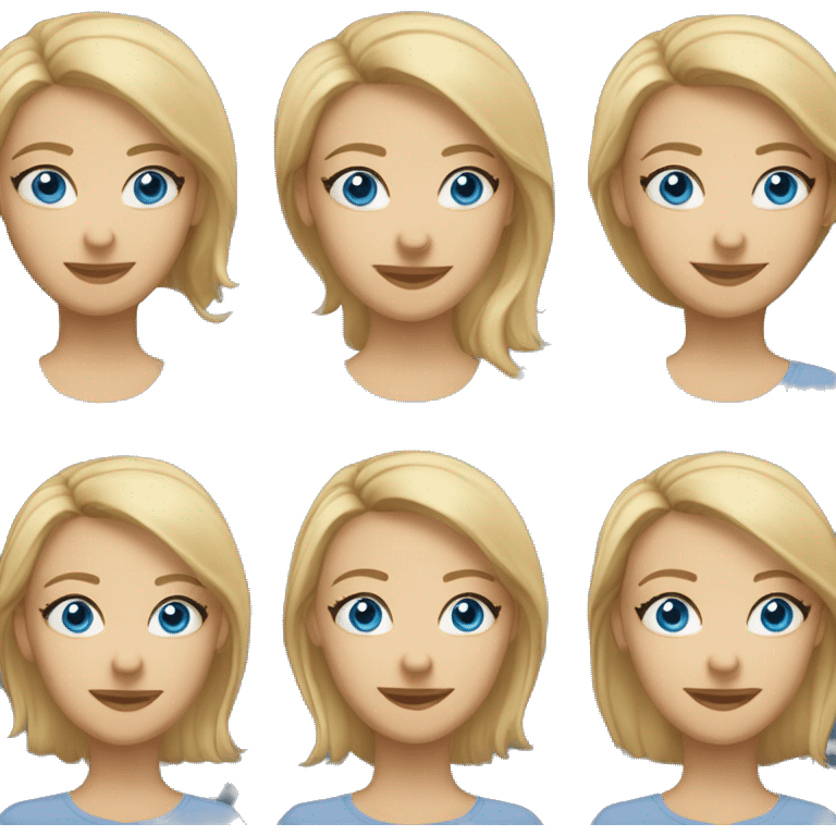 A head and shoulders shot of a 32 year old Caucasian woman, with straight blonde hair,   with blue eyes wearing a t-shirt. emoji