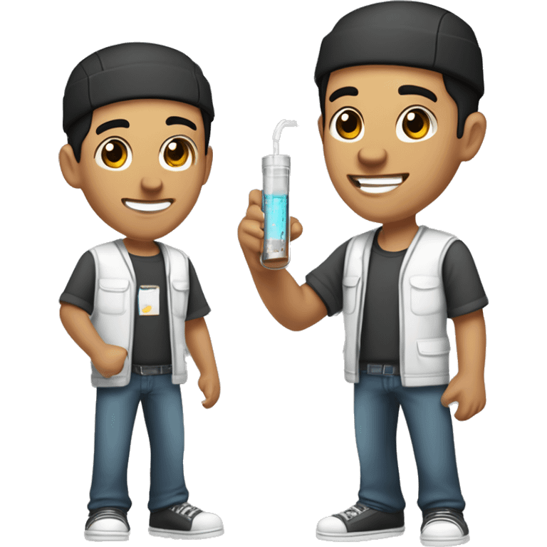 "Light-skinned Latino male with short black hair, wearing a backward cap front to back. Brown eyes, slightly thick lower lip, smiling. Holding a test tube in one hand and a video game controller in the other. Cartoon style emoji