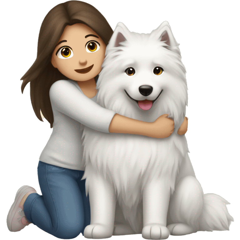 Girl brunette long hair hugging samoyeds  emoji