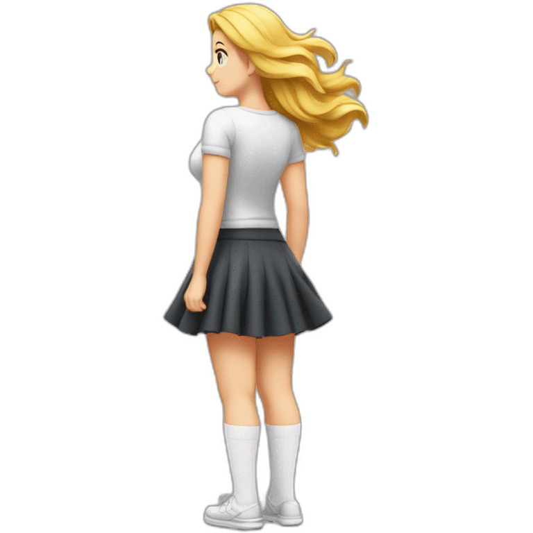 full-body-back-view-curvy-caucasian-beauty-in-small-skirt-lifted-by-strong-wind-butt-white-socks emoji