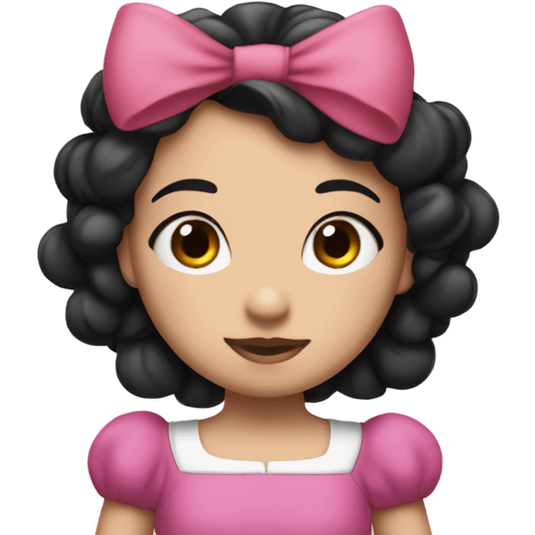 Bow centered on head, normal pink t shirt.princess Snow White, black color hair, with a big pink bow on head emoji