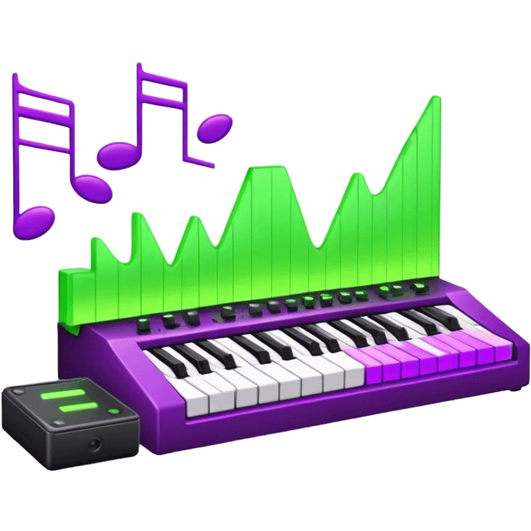 Create a creative and technical emoji that represents sound design. The design should feature a sound waveform, a synthesizer or soundboard, and audio editing software icons to symbolize the creation and manipulation of sound. Add elements like a sound effects pedal or speaker to reflect the various tools used in sound design. Use colors like neon green, purple, and blue to convey creativity and innovation. The background should be transparent. emoji