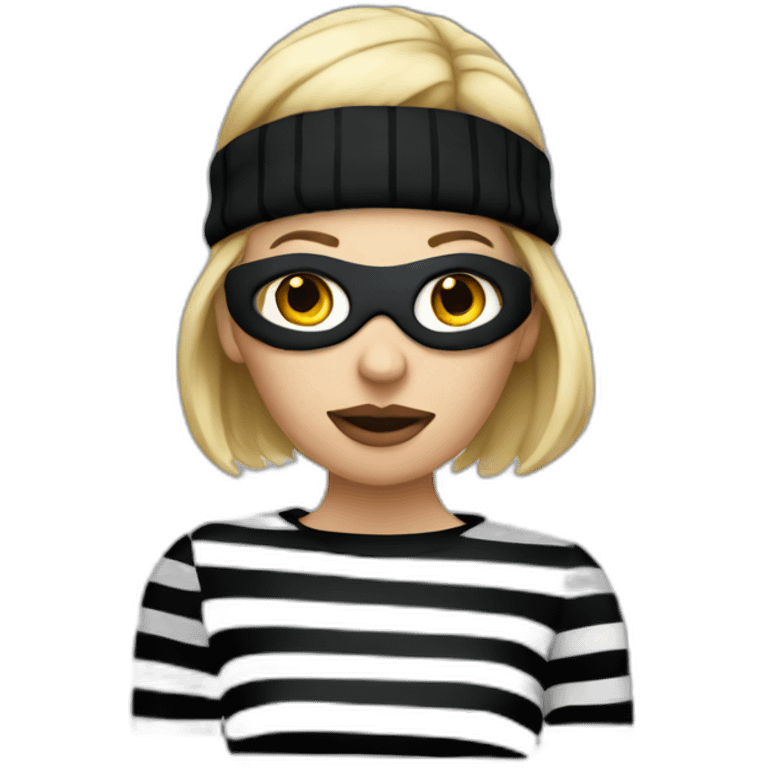 bank robber blonde woman with black beanie hat eye mask and striped shirt emoji