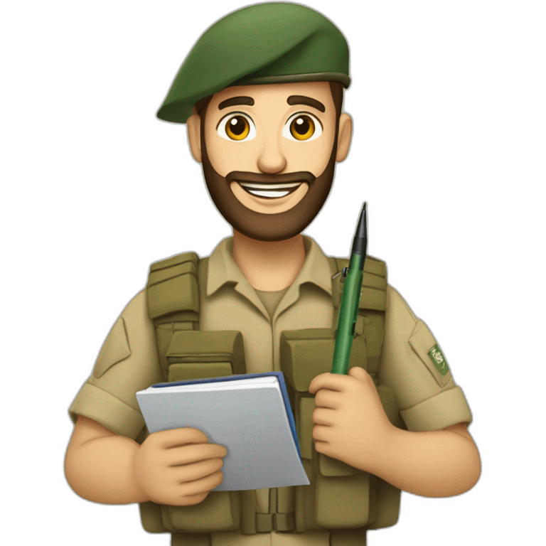 pale brown bearded israeli flag IDF soldier happy holding notebook and pen and stationary emoji