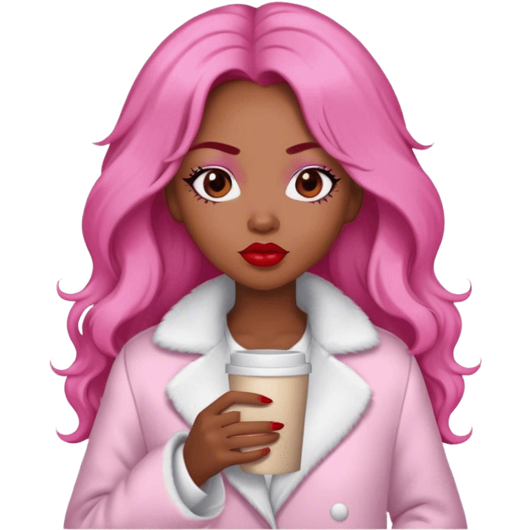 A black woman with a coat white a pijama pink, long Burnet Hair, coffe eyes, red lips  emoji