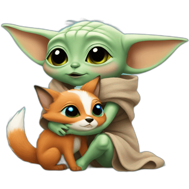 baby Yoda hugging little fox with blue eyes emoji