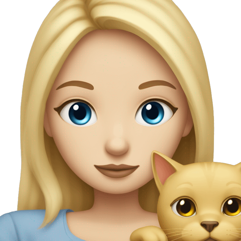 A Blonde haired girl that has blue eyes cuddled up in bed with a black cat that has yellow eyes emoji