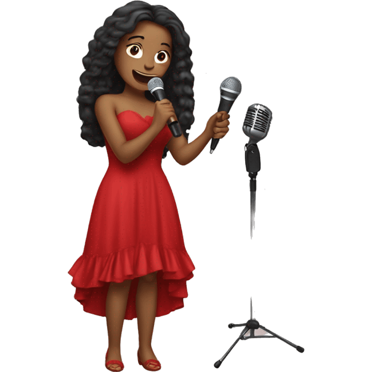 beautiful girl in a long red dress sings holding microphone in a hand  emoji