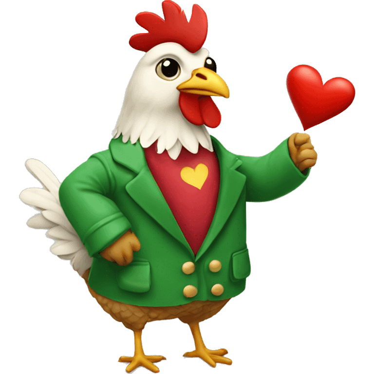 Chicken using a red and green jacket with lovely hearts around emoji