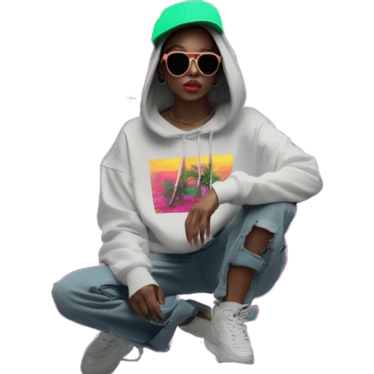 Multicoloured neon person smoking wearing hoodie dancing hip hop bucket hat tropical Skater fashion aesthetic baggy clothes graphic t shirt 420 emoji