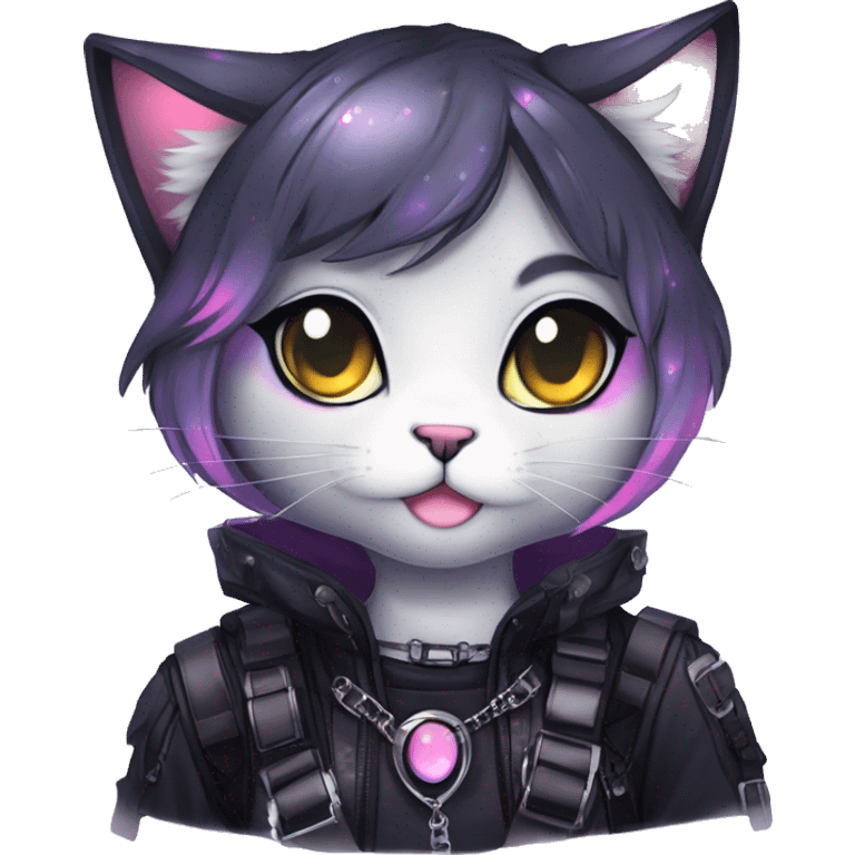 Gorgeous sparkly shiny colorful gradient gothic dark techwear anime style anthro cat with blushing face aesthetic and pretty edgy black with collar and harness trending style emoji