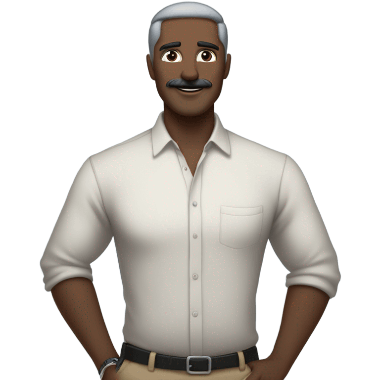 a white man standing  with blue eyes a thick dark brown and grey moustache, down turned black eyebrows and then dark grey hair he’s wearing an expensive watch and a white shirt and black dressy pants with beige loafers he’s looking at her smiling”  emoji