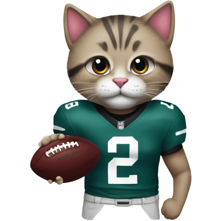 Super cute fuzzy cat with a quinnen Williams nfl jersey holding football emoji