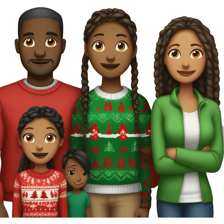 Black family of four members with Dad, Mom, Son, and Daughter. The Son and Daughter are teenagers. The Mom has braids. The Dad is light skinned.All family members are wearing Christmas sweaters and Santa hats.  emoji