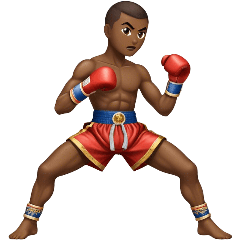 Cinematic Realistic Traditional Muay Thai Emoji, depicted as an intense dynamic martial arts scene featuring a fighter in traditional Muay Thai stance and attire, rendered with rich textures and energetic dramatic lighting that captures the sport's raw power. emoji