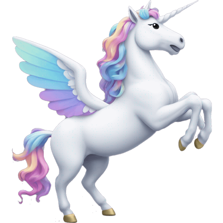 A unicorn with wings lifts its front foot at 45 degrees. emoji