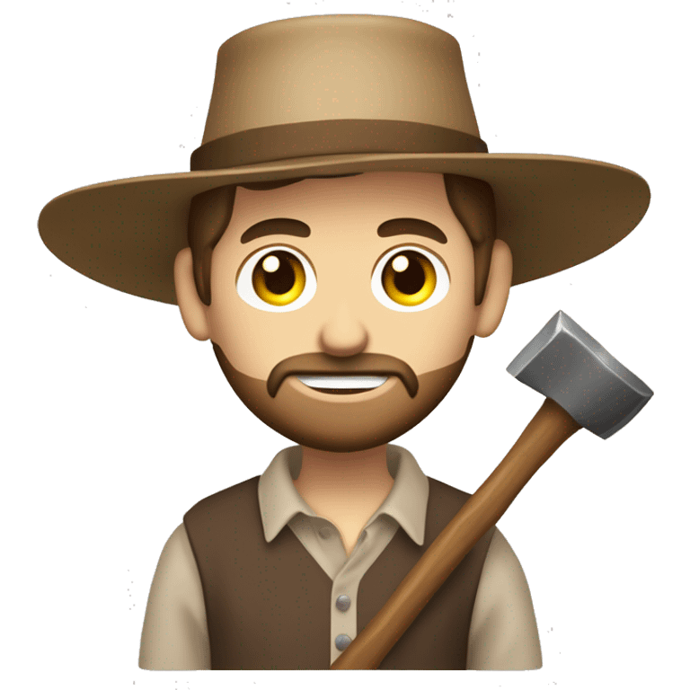 amish brown straw hat and small beard without mustache white skin brown button down shirt half body holding a hammer one photo  emoji