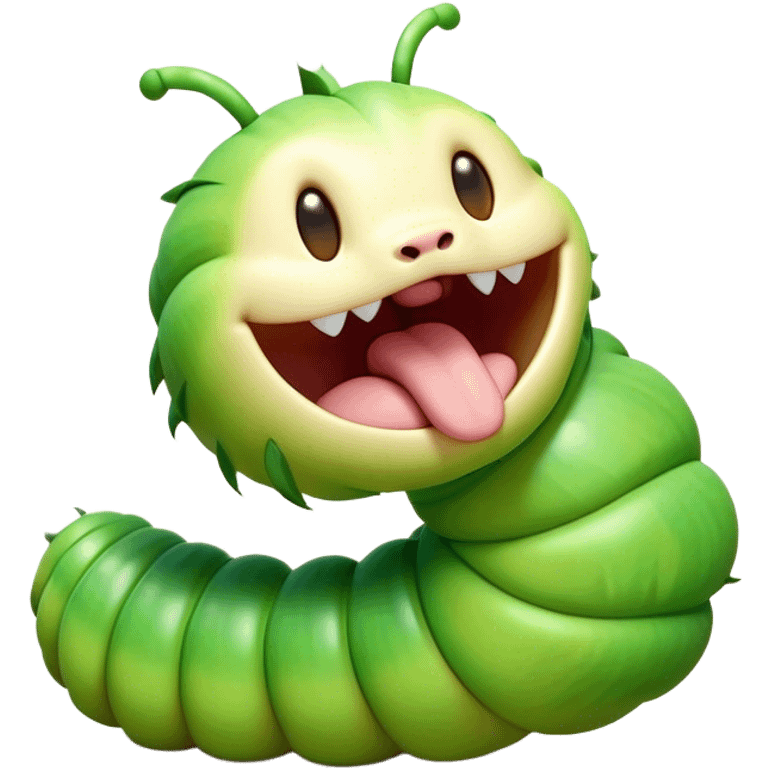 Cinematic Realistic Cute Yawning Caterpillar Portrait Emoji, Head tilted slightly with a dramatic, wide-open yawn, showcasing a soft, downy segmented body in vivid green with subtle drooping and half-closed, drowsy eyes, rendered with intricate natural texture and gentle shadows, high shine, relaxed yet expressive, styled with a dash of woodland charm, soft glowing outline, capturing the essence of a sleepy yet affectionate caterpillar that appears ready to stretch out and rest among the leaves! emoji