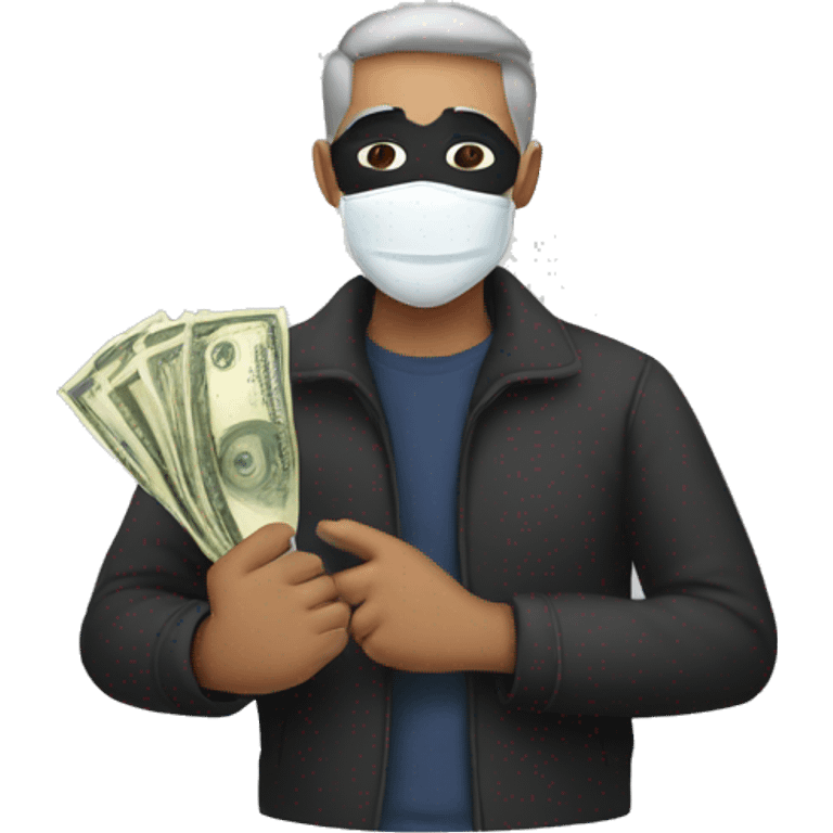 man with his money in hand while wearing a mask emoji